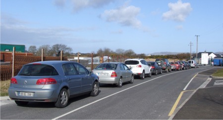 The long tailback for the free recycling day at Carn Civic Amenity Site on March 20.