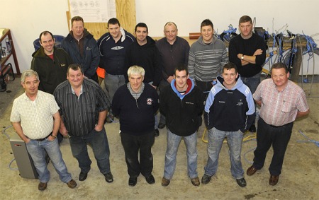 Fishermen who successfully completed a new course in the merchant marine industry in Greencastle. Back from left, Sean Keneally, Barry Doherty, Raymond McGuinness, Damian Reynolds, John D. McLaughlin, Michael Canning and Sean Rawdon. Front, Dessie McElroy, Michael McCormick, organiser, Martin D'Arcy, lecturer, Sean McLaughlin, David Reynolds and George McLaughlin. Photo: Sean Arrow.