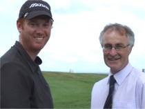 Greencastle Golf Club manager Billy McCaul, right, welcomes American author Tom Coyne.