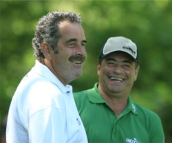 Sam Torrance enjoys a laugh with Constantino Rocca.