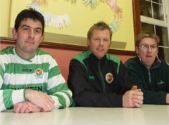 The new Cockhill USL team manager, Donal O'Brien, centre, flanked by assistant manager, Shaun McLaughlin, left and club PRO, Dermott O' Donnell.