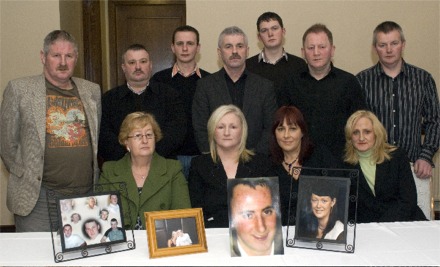 The families of Rochelle Peoples, David Steele, Darren Quinn, Gavin Duffy and Charlene O'Connor at the press conference in Buncrana.