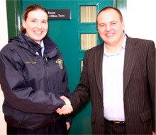 Cllr Padraig MacLochlainn congratulates newly elected youth councillor, Scoil Mhuire's Laura O'Connell.