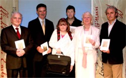 Pictured at the WordFlight prize-giving are, from left, Michael McLoone, Donegal County Manager; Denis Rooney, International Fund for Ireland; Patrick Kearney, Artists in Creative Enterprise, Niamh McMullan, WordFlight Overall Winner, Jean Crossan, Letterkenny Town Mayor and Paddy Harte, International Fund for Ireland.